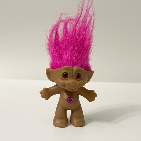 Vintage ACE Novelty Troll Pink Hair Pink Eyes Pink Belly Jewel Heart - Picture 1 of 16